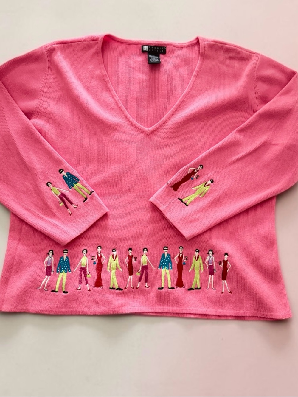 Carole Little Vintage 90s Party People Pink Cotton Embroidered V-neck Sweater XL